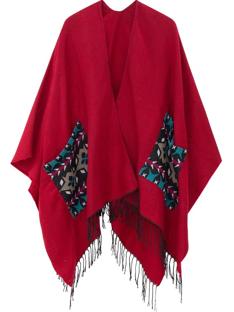 Open Fork Pockets Fethnic  Scarf Women with Spring and Autumn Outside with Air-conditioned Shawl Cloak