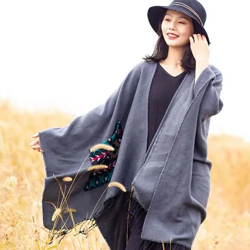 Open Fork Pockets Fethnic  Scarf Women with Spring and Autumn Outside with Air-conditioned Shawl Cloak