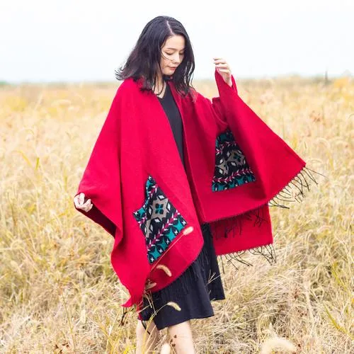 Open Fork Pockets Fethnic  Scarf Women with Spring and Autumn Outside with Air-conditioned Shawl Cloak