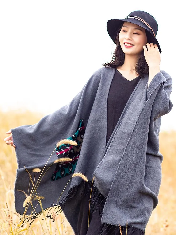 Open Fork Pockets Fethnic  Scarf Women with Spring and Autumn Outside with Air-conditioned Shawl Cloak