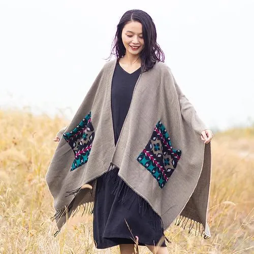 Open Fork Pockets Fethnic  Scarf Women with Spring and Autumn Outside with Air-conditioned Shawl Cloak