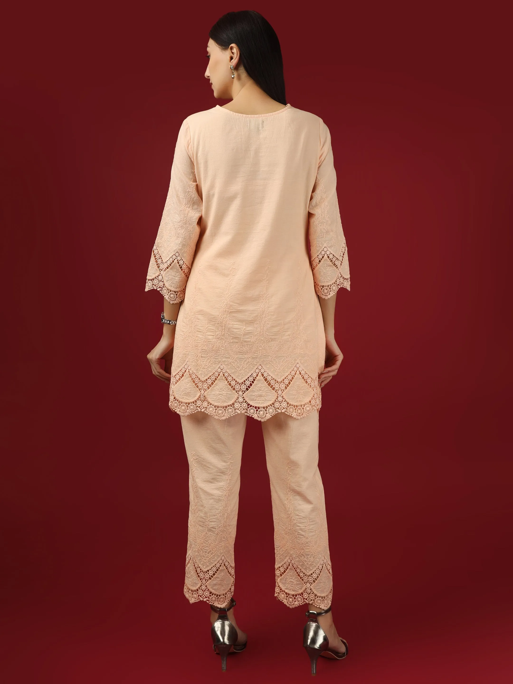 Peach Embroidered Cotton Kurta with Pants- Set of 2