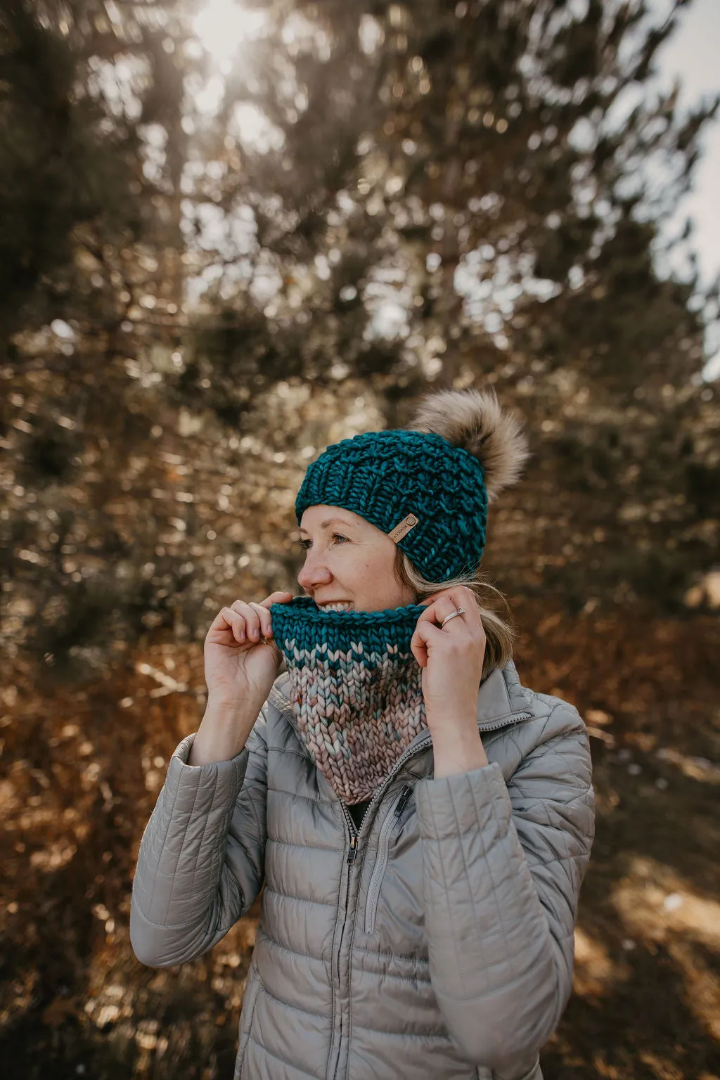 Pearl Gray, Blue, and Teal Merino Wool Fair Isle Hand Knit Cowl