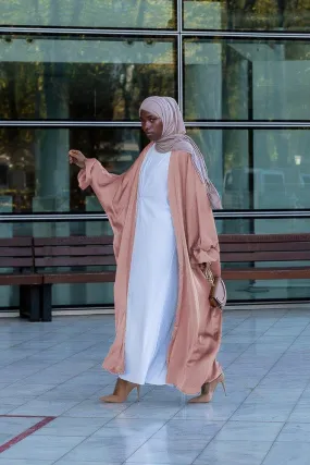 Pink Loves open front maxi satin abaya throw over