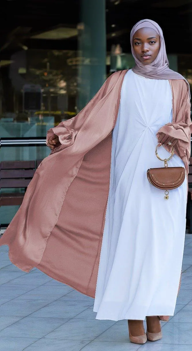 Pink Loves open front maxi satin abaya throw over