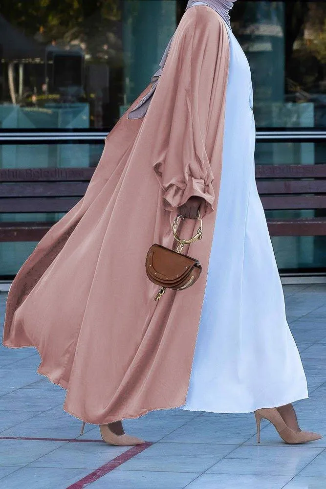 Pink Loves open front maxi satin abaya throw over