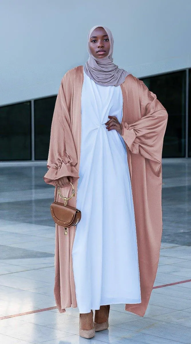 Pink Loves open front maxi satin abaya throw over