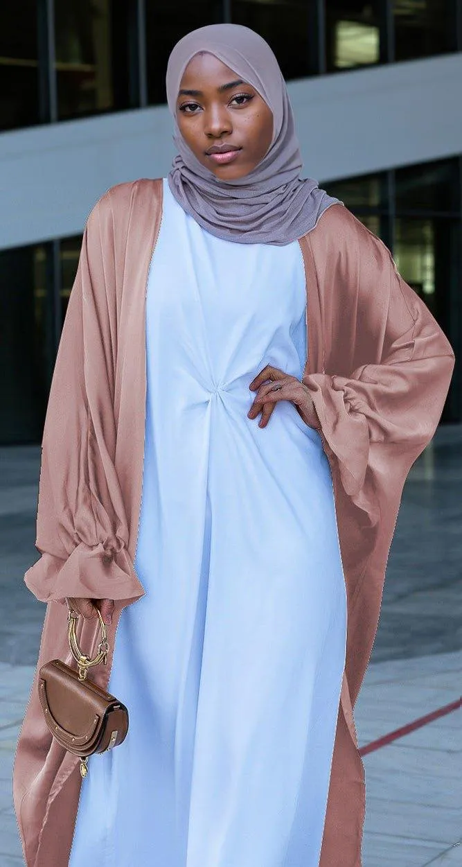 Pink Loves open front maxi satin abaya throw over