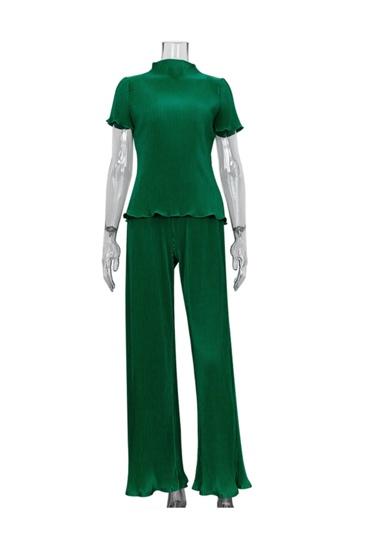 Pleated Mock Neck Shirt Long Pant Suits