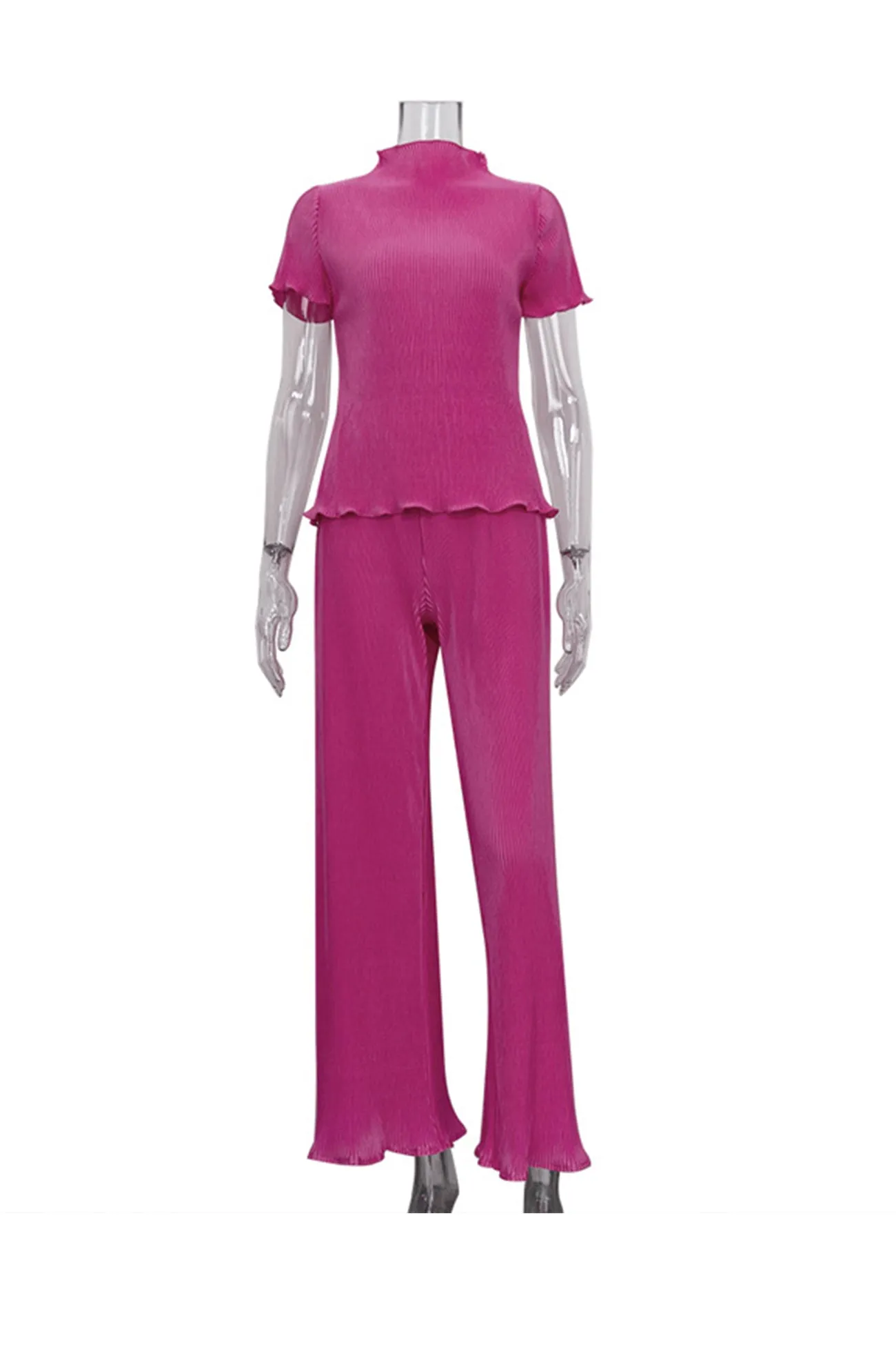 Pleated Mock Neck Shirt Long Pant Suits