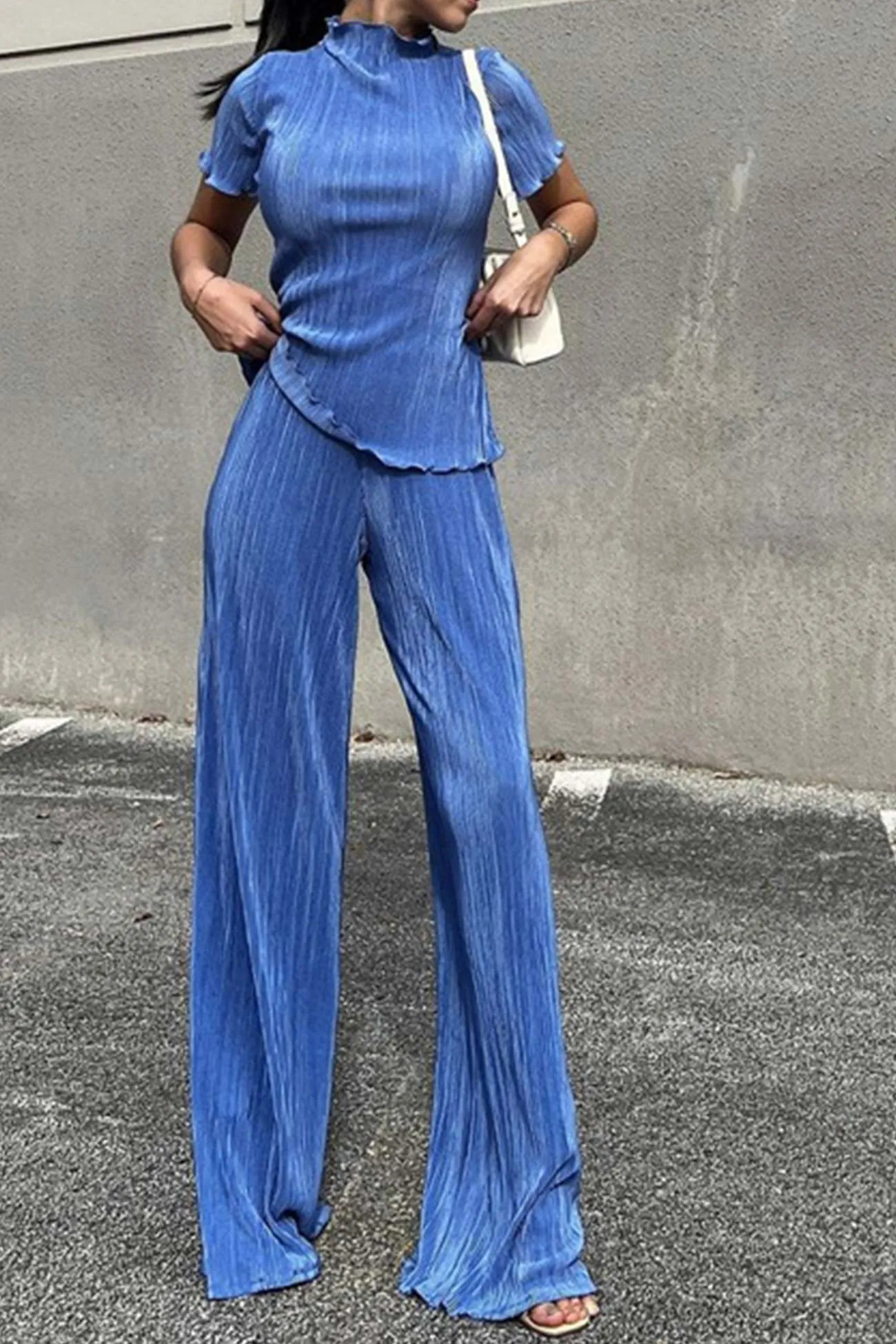 Pleated Mock Neck Shirt Long Pant Suits