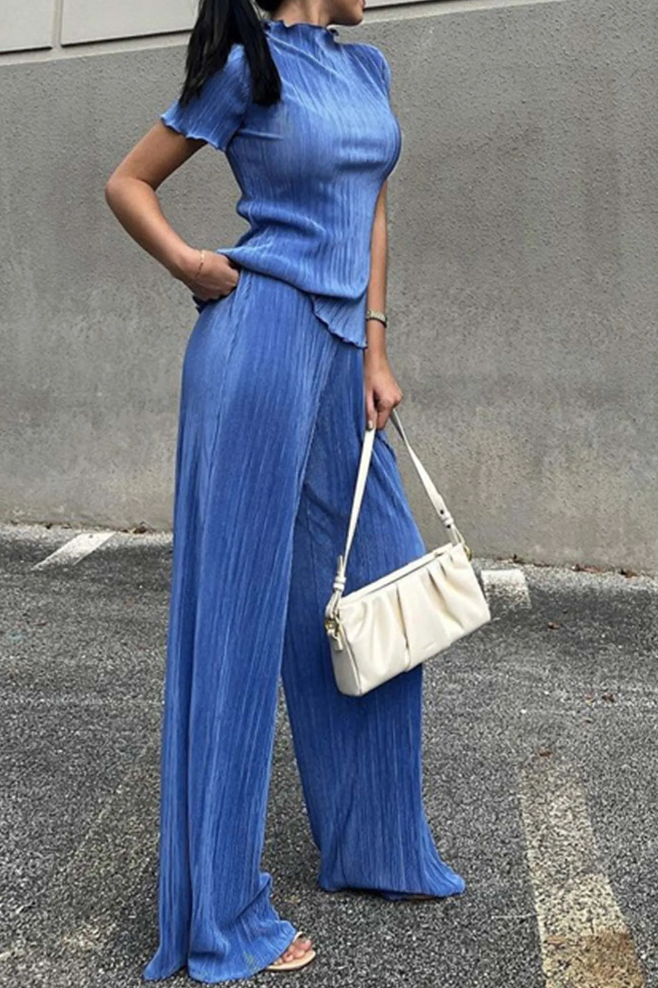 Pleated Mock Neck Shirt Long Pant Suits