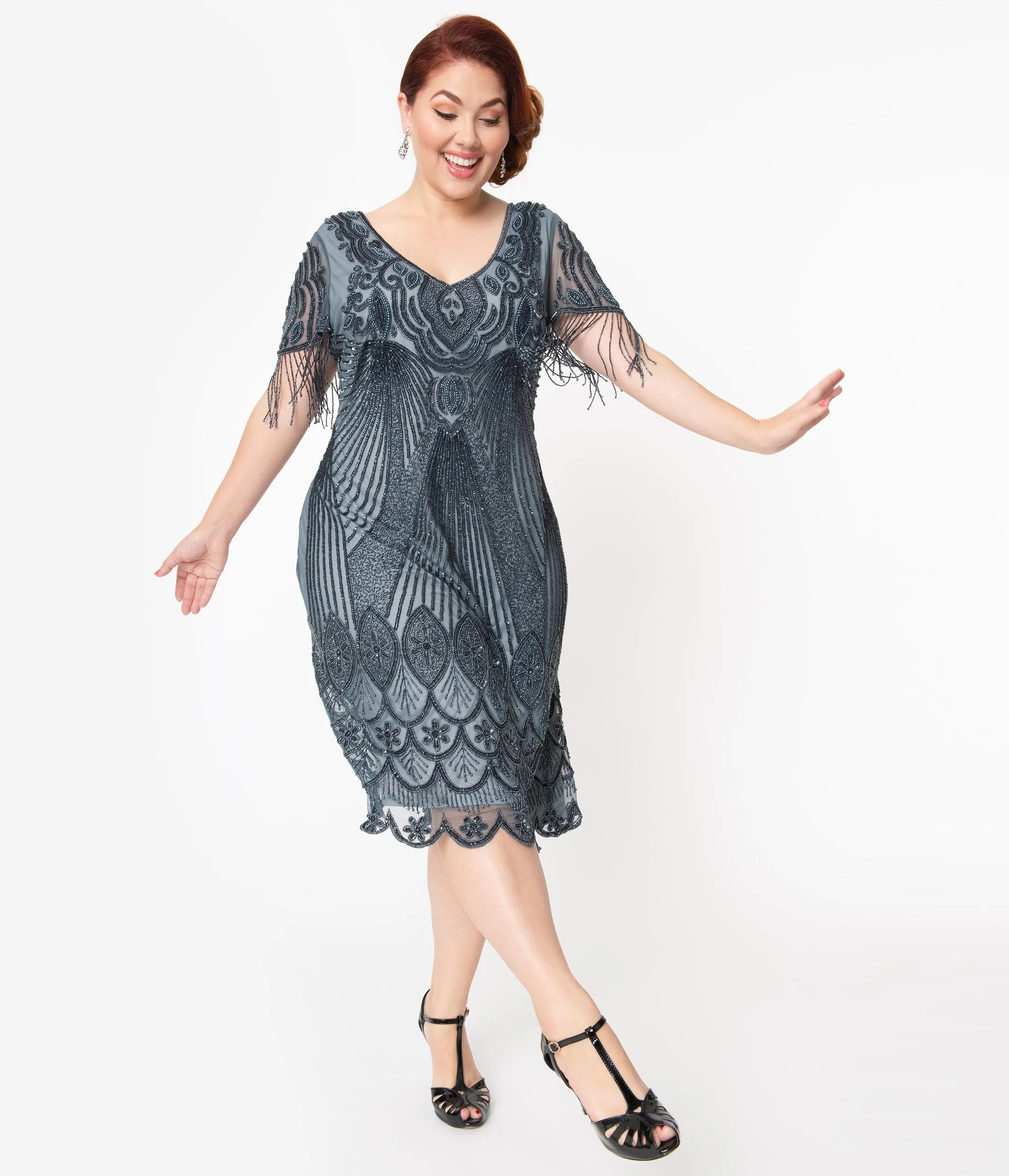 Plus Size 1920s Blue Grey Beaded Marta Flapper Dress