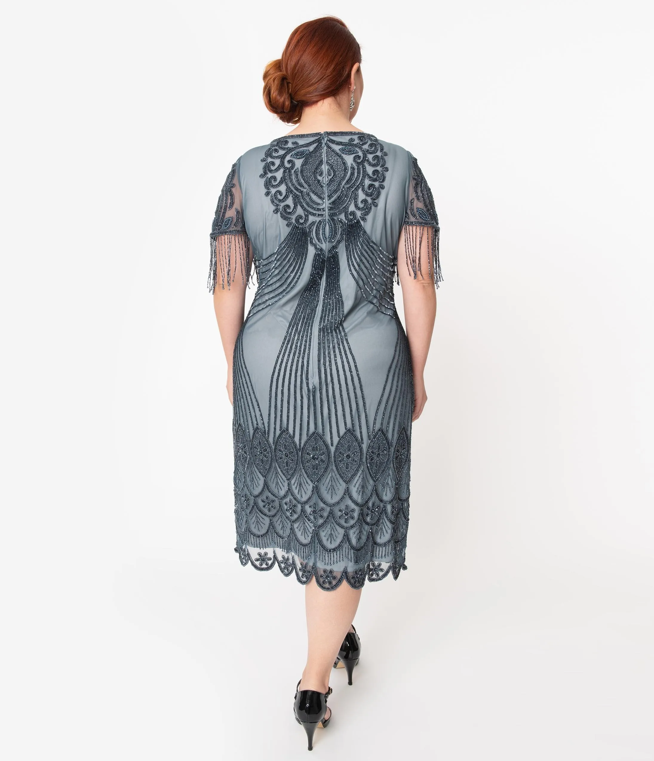 Plus Size 1920s Blue Grey Beaded Marta Flapper Dress