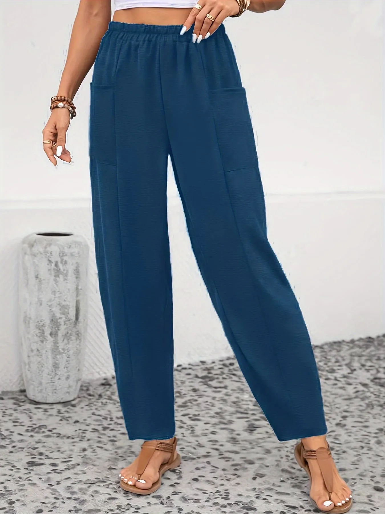 Plus Size Solid High Rise Tapered Leg Trousers - Comfort Meets Style with Convenient Pockets