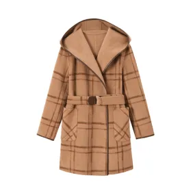 Pre Order:  Plaid Hooded Woolen Belt Coat