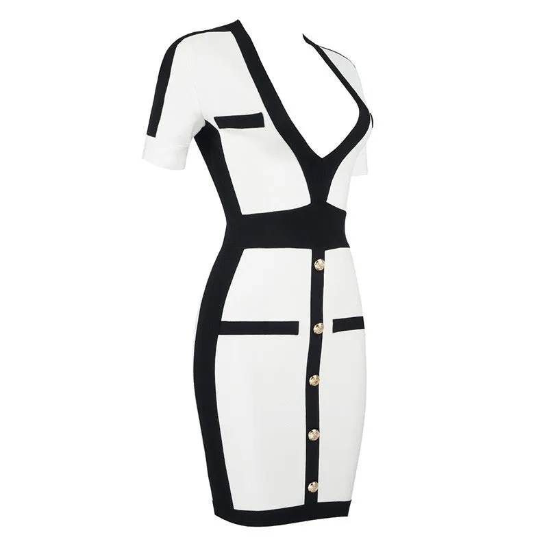 Pre Order:  V-Neck Patchwork One Line Button Bodycon Dress