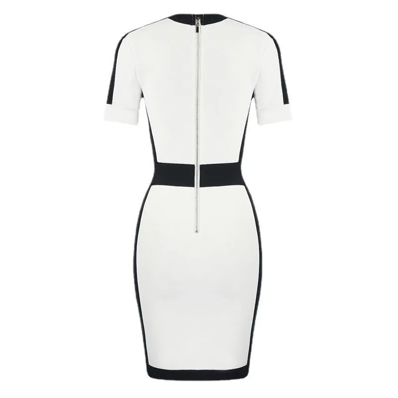 Pre Order:  V-Neck Patchwork One Line Button Bodycon Dress