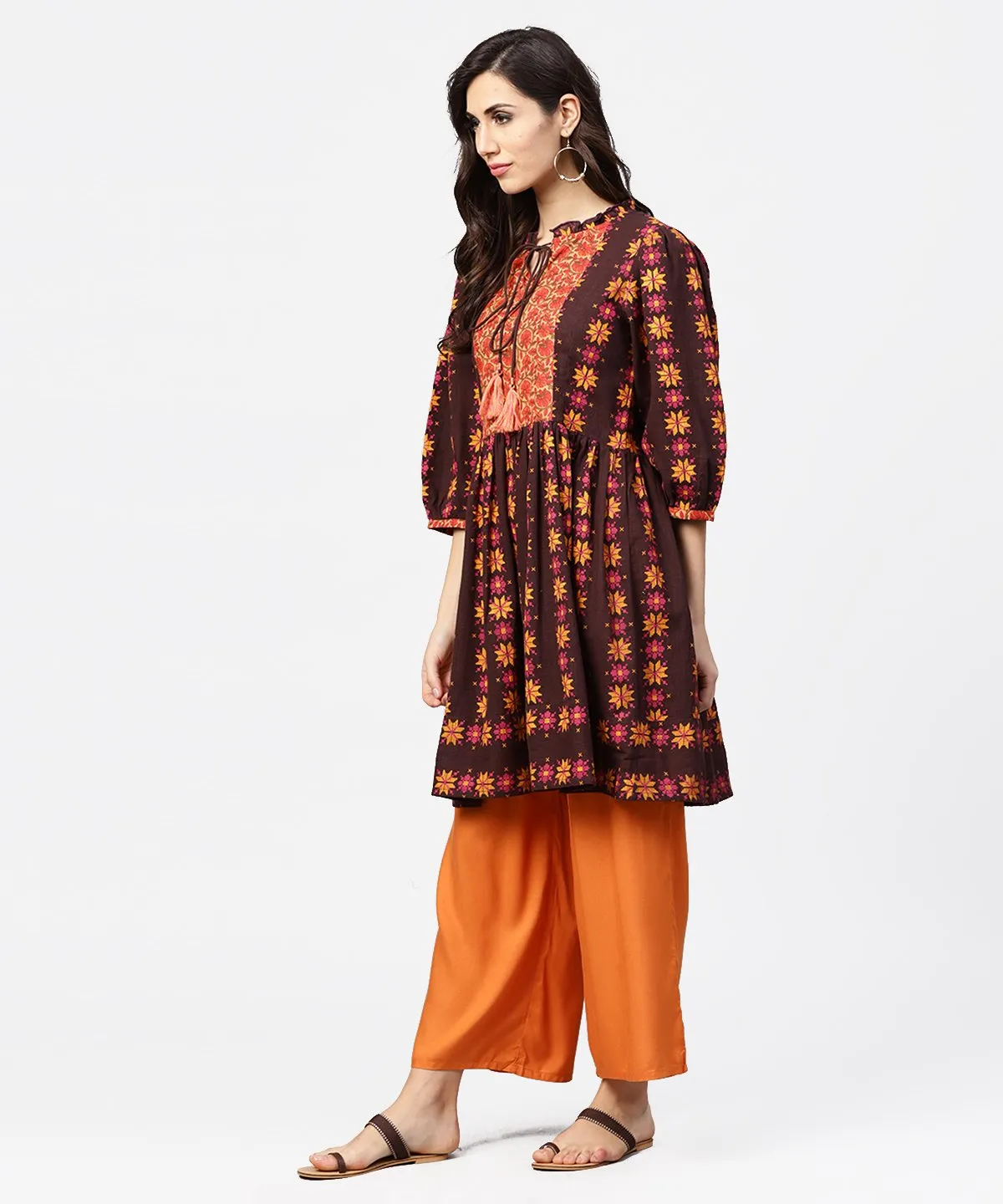 Printed 3/4Th Sleeve Cotton A-Line Tunic