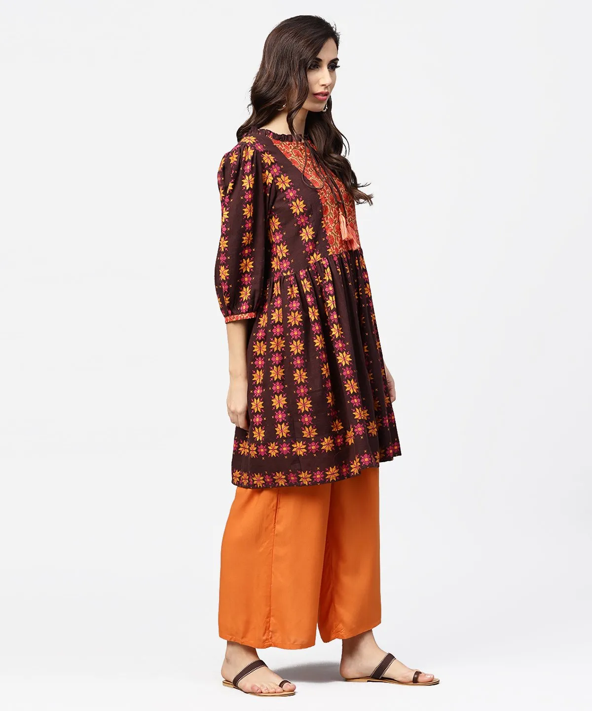 Printed 3/4Th Sleeve Cotton A-Line Tunic