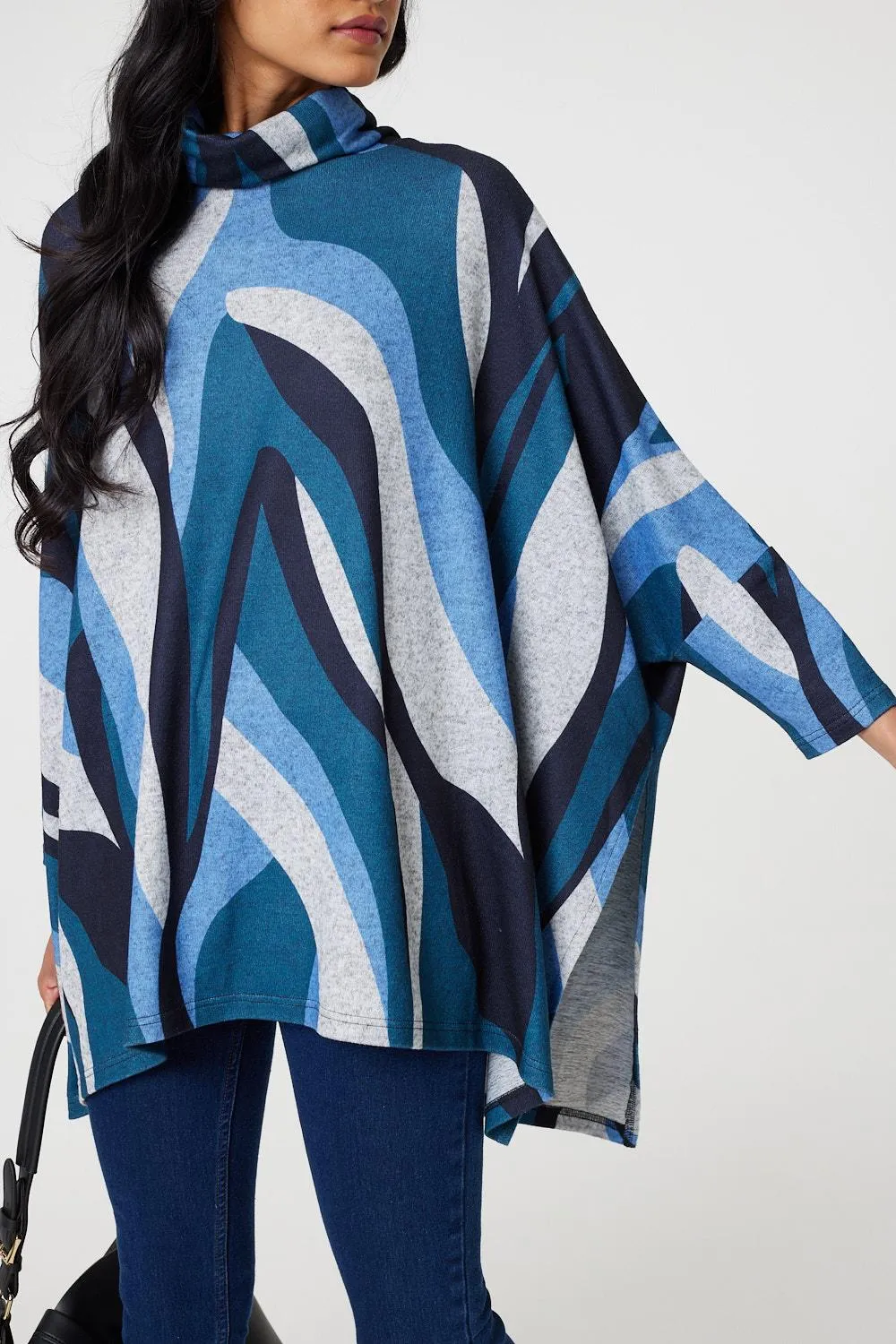 Printed Roll Neck Oversized Tunic Top