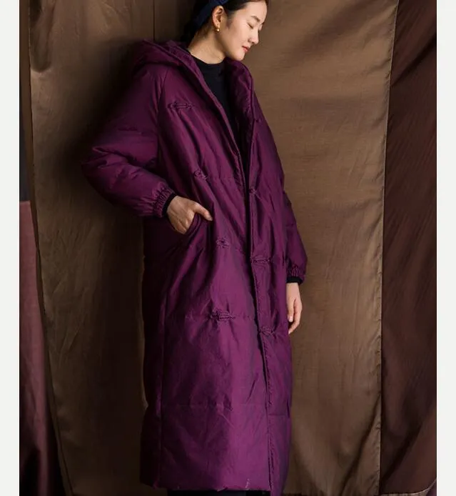 Purple Long Chinese Buttons Hooded Down Jacket Women Down Coats