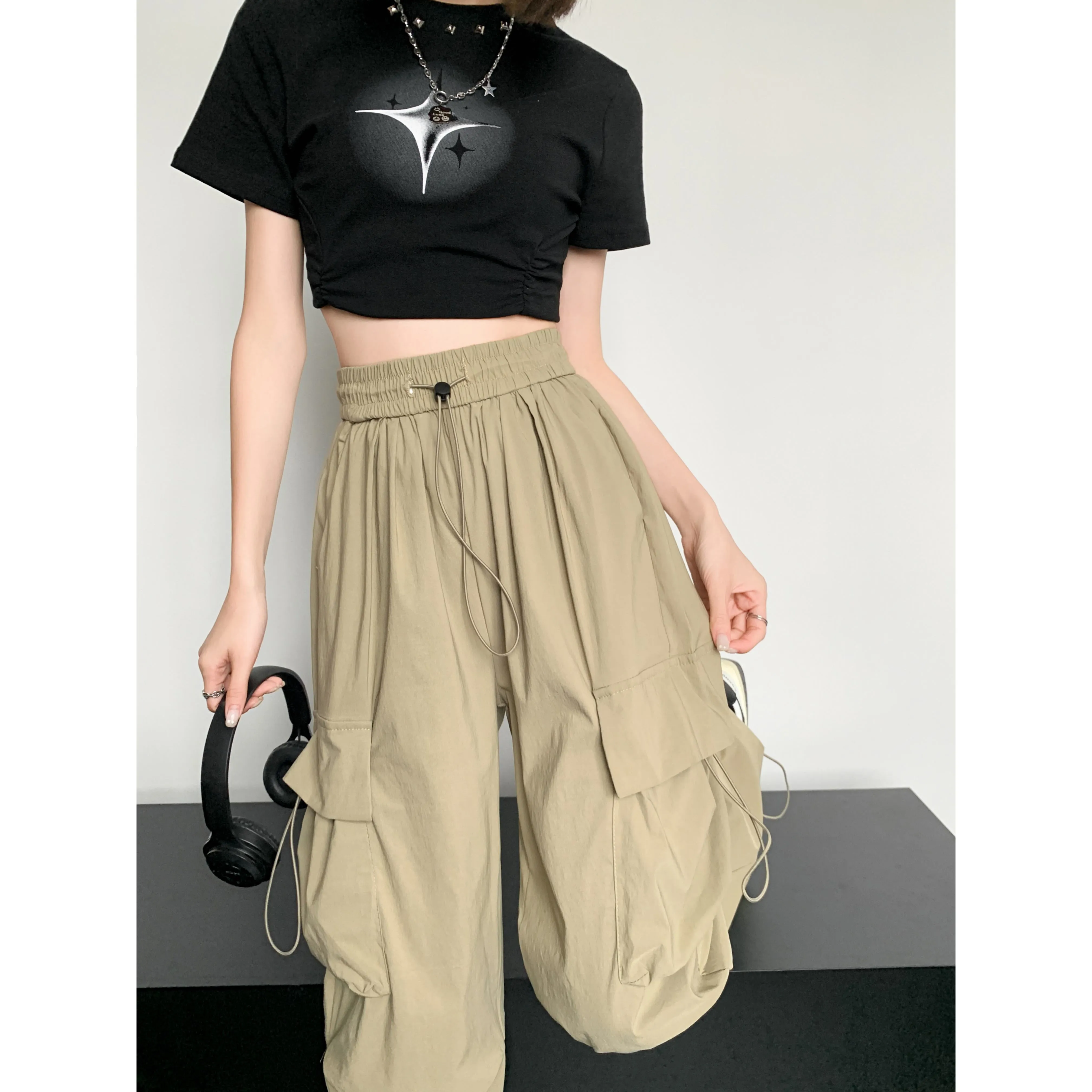 Quick-Drying Solid Color Thin High-Waisted Street Style Versatile Cargo Pants