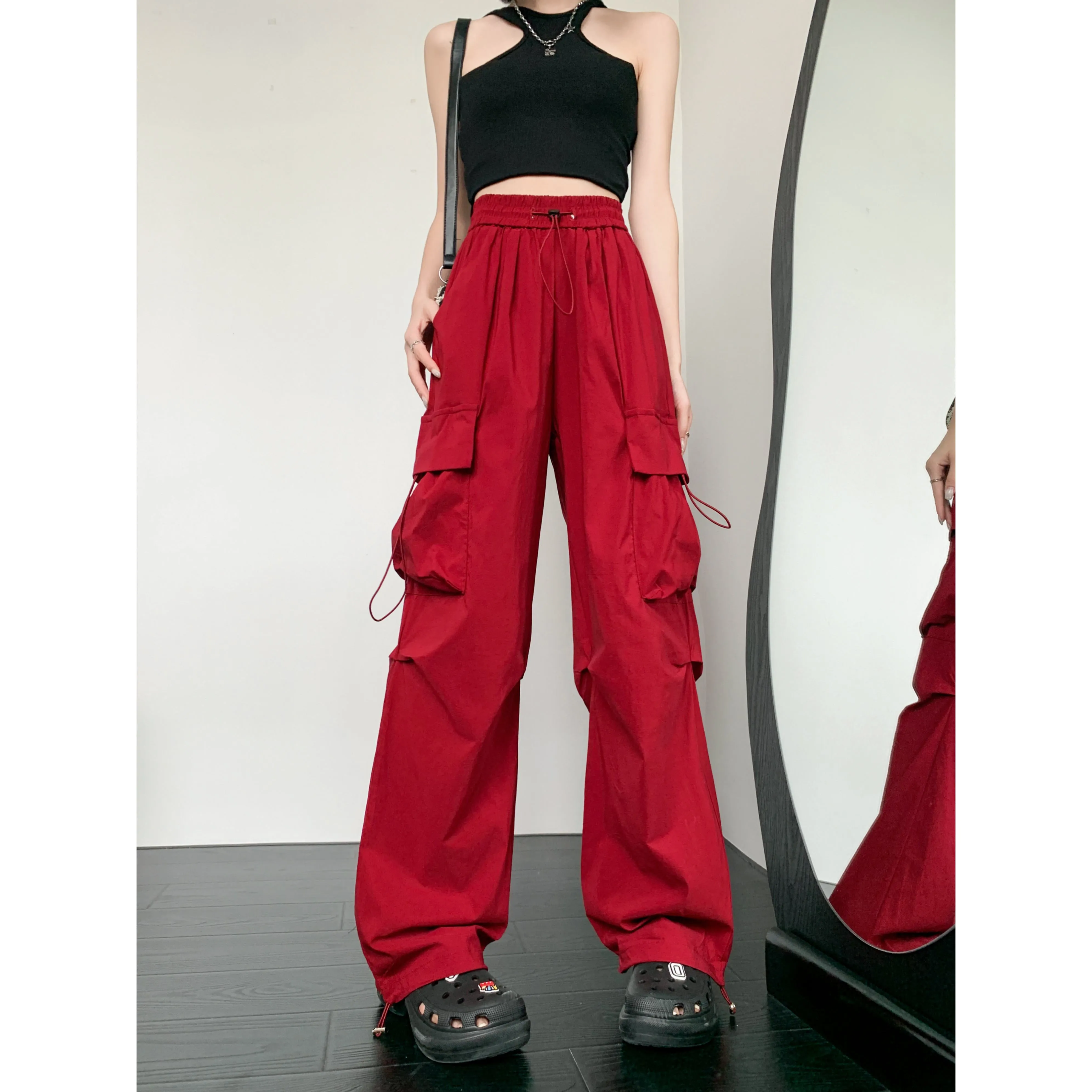 Quick-Drying Solid Color Thin High-Waisted Street Style Versatile Cargo Pants