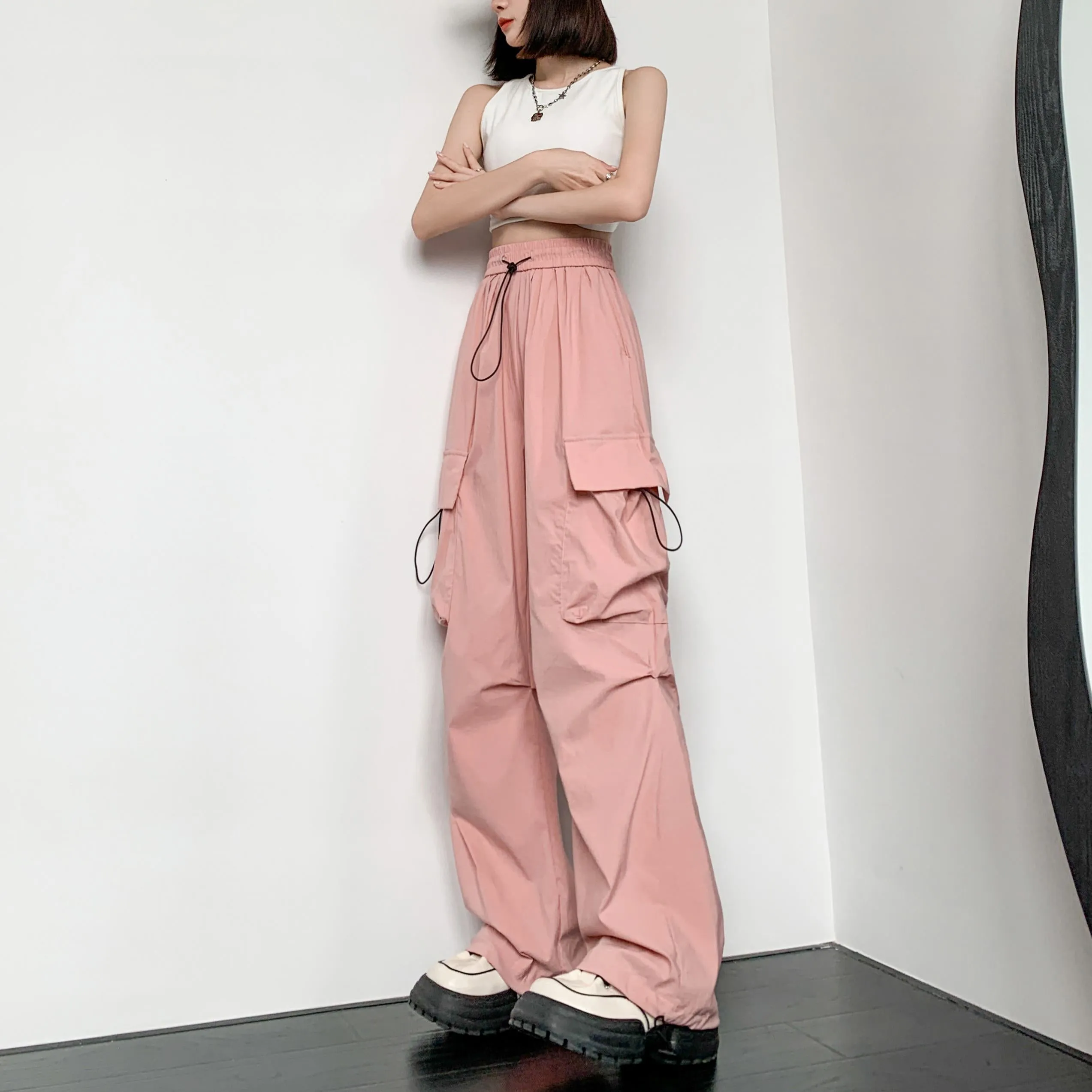 Quick-Drying Solid Color Thin High-Waisted Street Style Versatile Cargo Pants