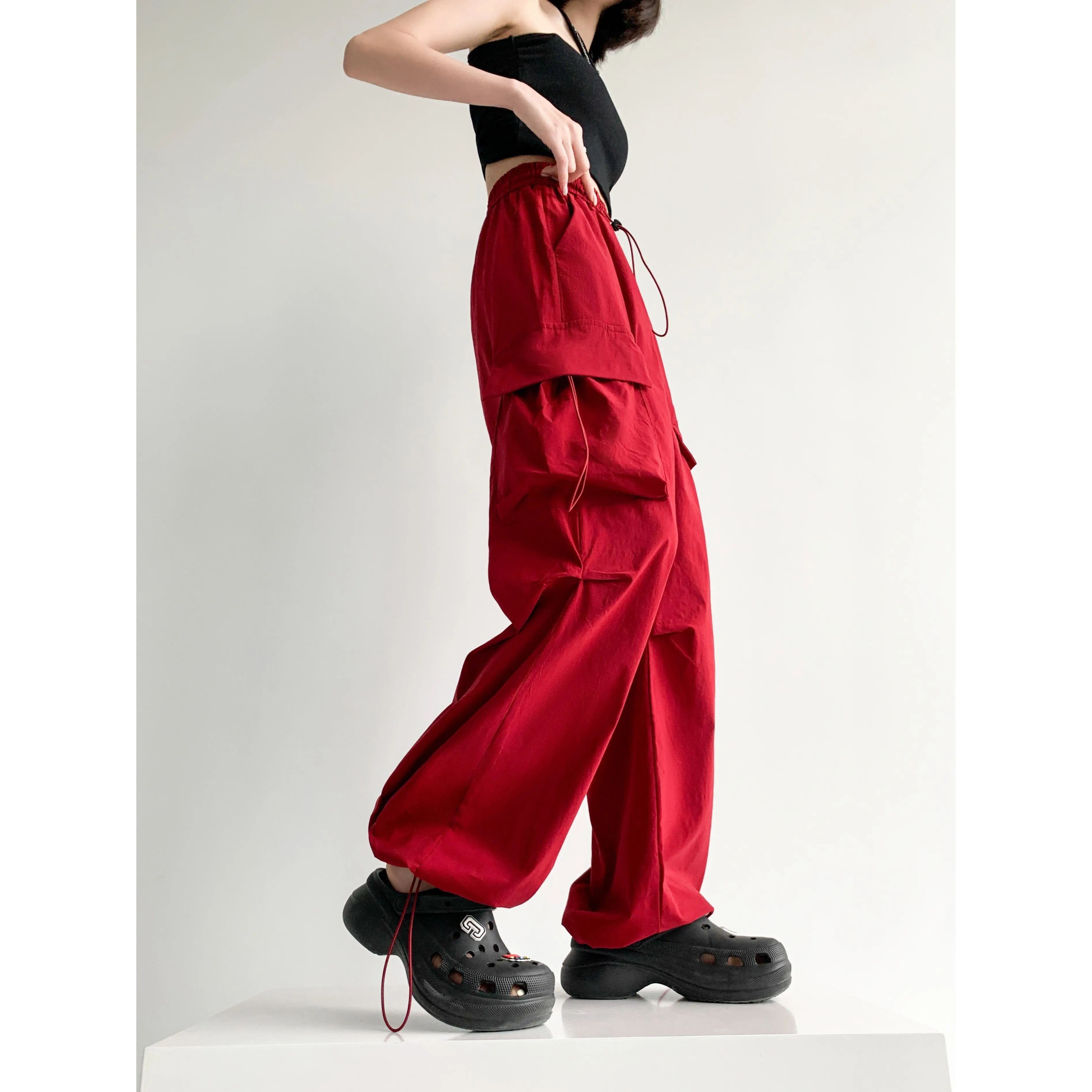 Quick-Drying Solid Color Thin High-Waisted Street Style Versatile Cargo Pants