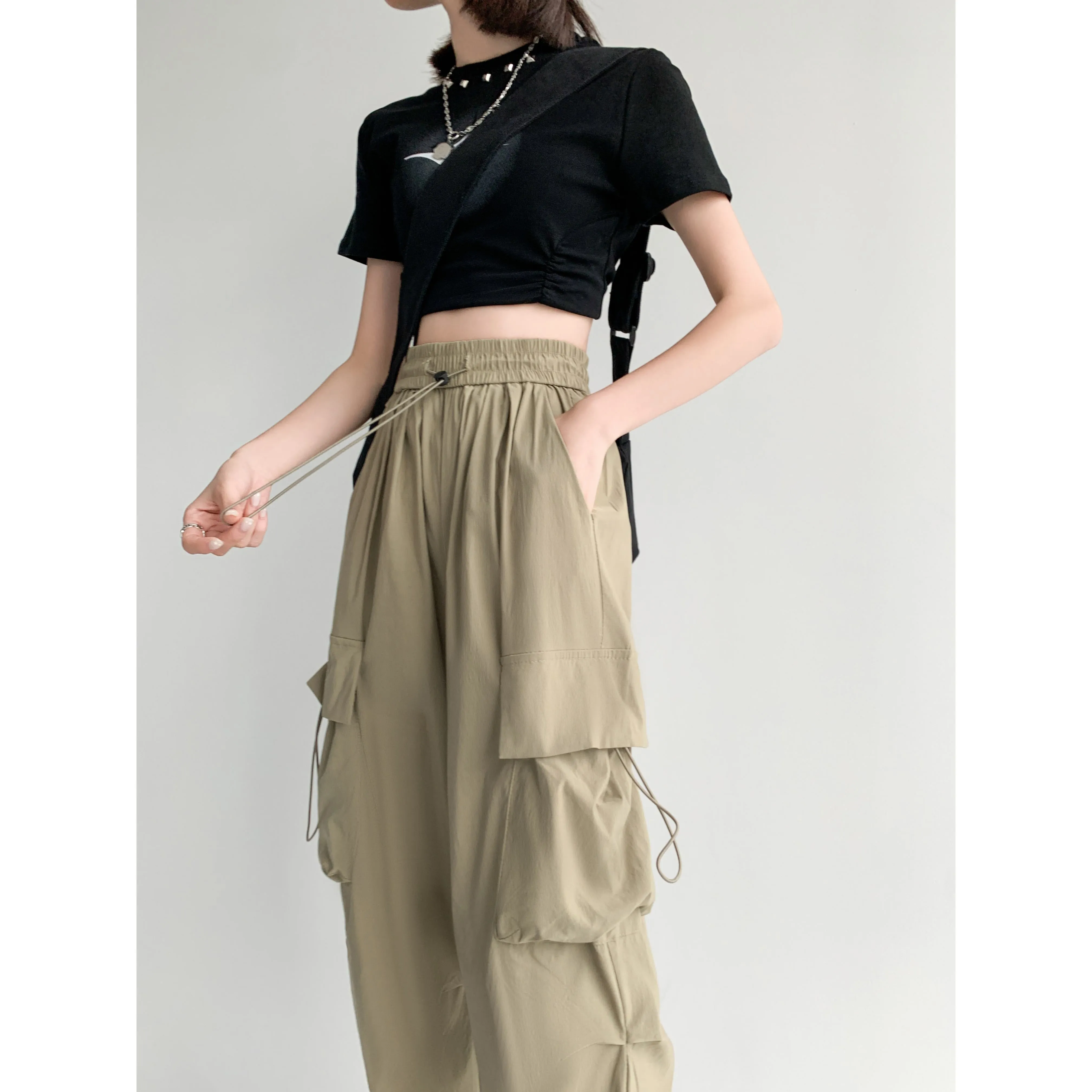 Quick-Drying Solid Color Thin High-Waisted Street Style Versatile Cargo Pants