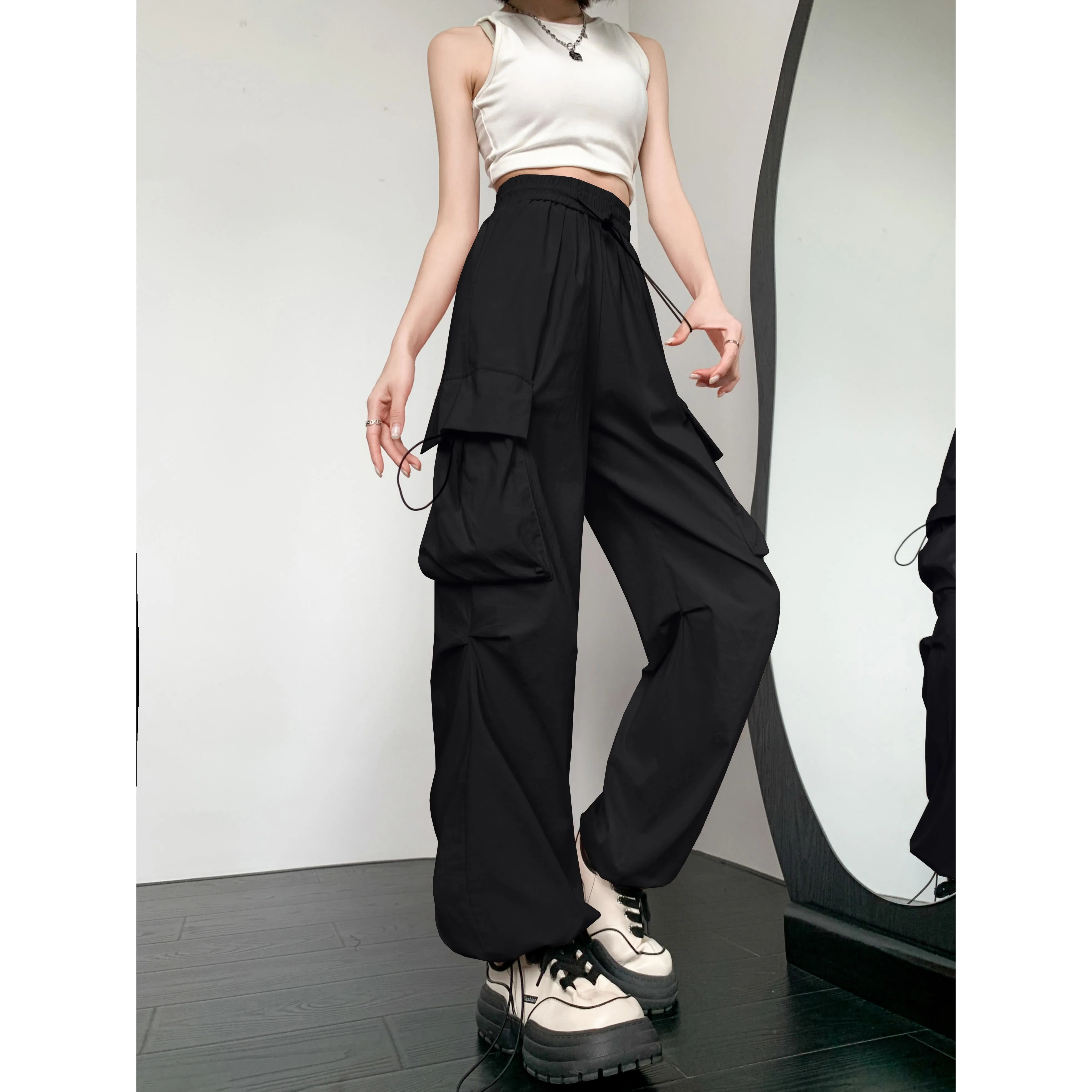 Quick-Drying Solid Color Thin High-Waisted Street Style Versatile Cargo Pants