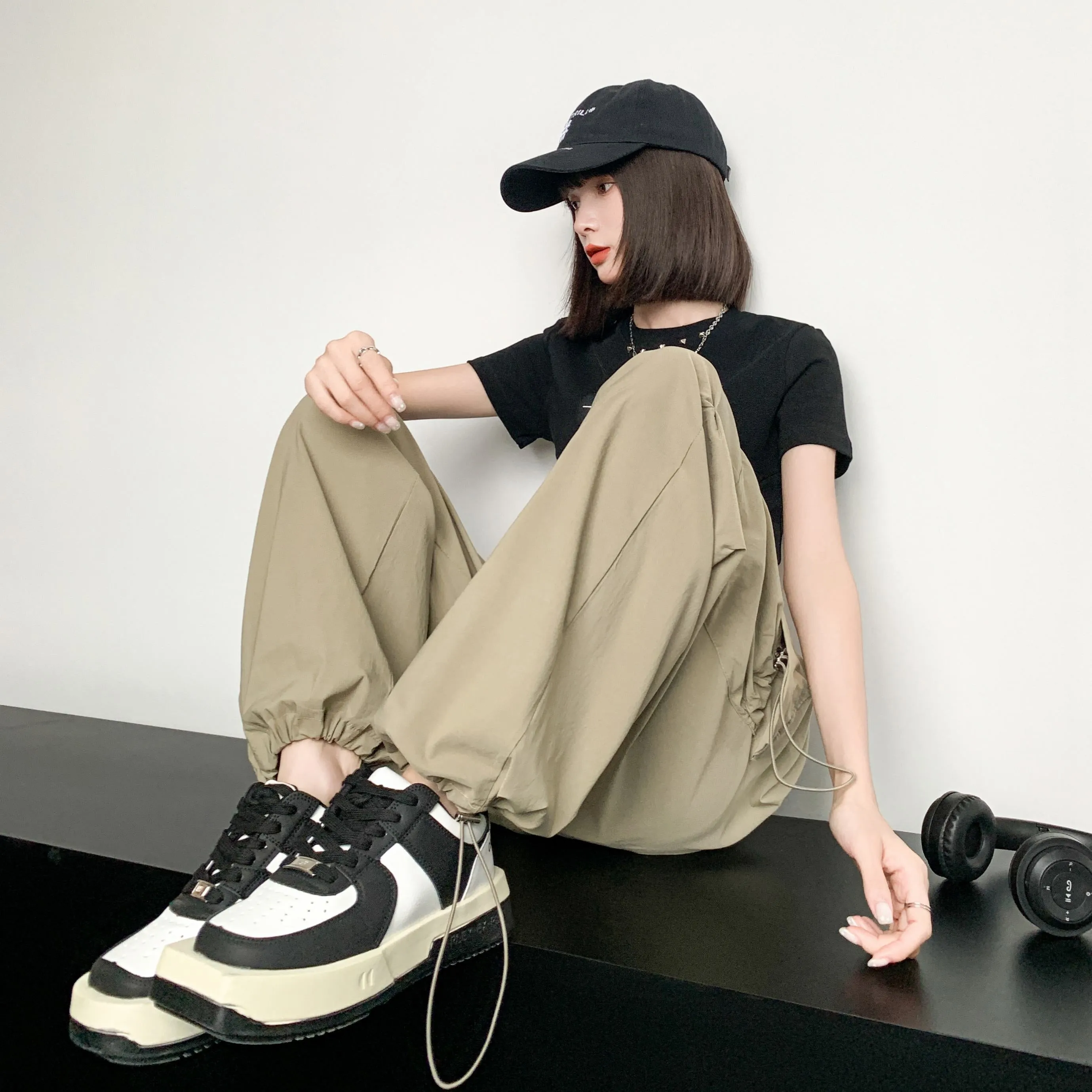 Quick-Drying Solid Color Thin High-Waisted Street Style Versatile Cargo Pants