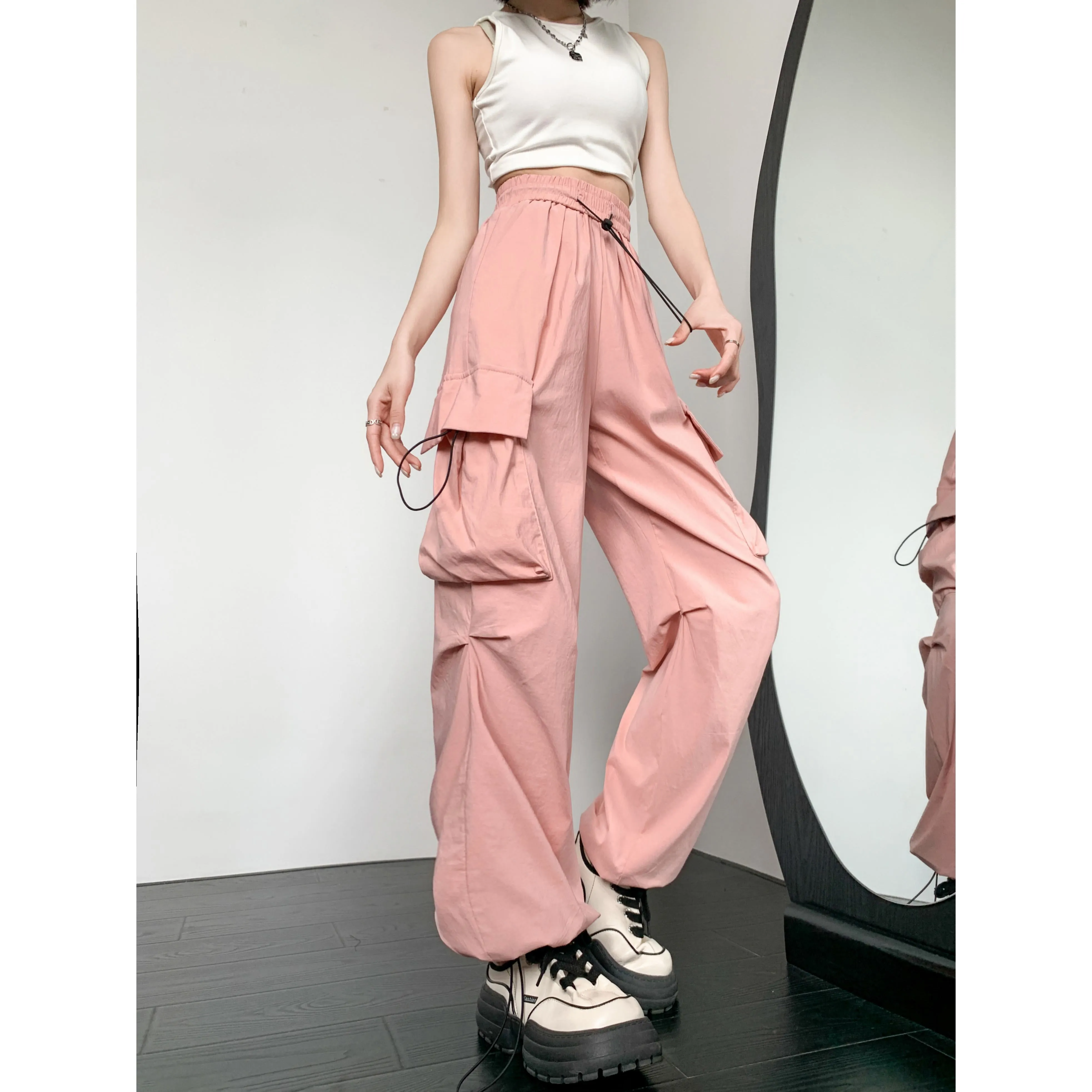 Quick-Drying Solid Color Thin High-Waisted Street Style Versatile Cargo Pants