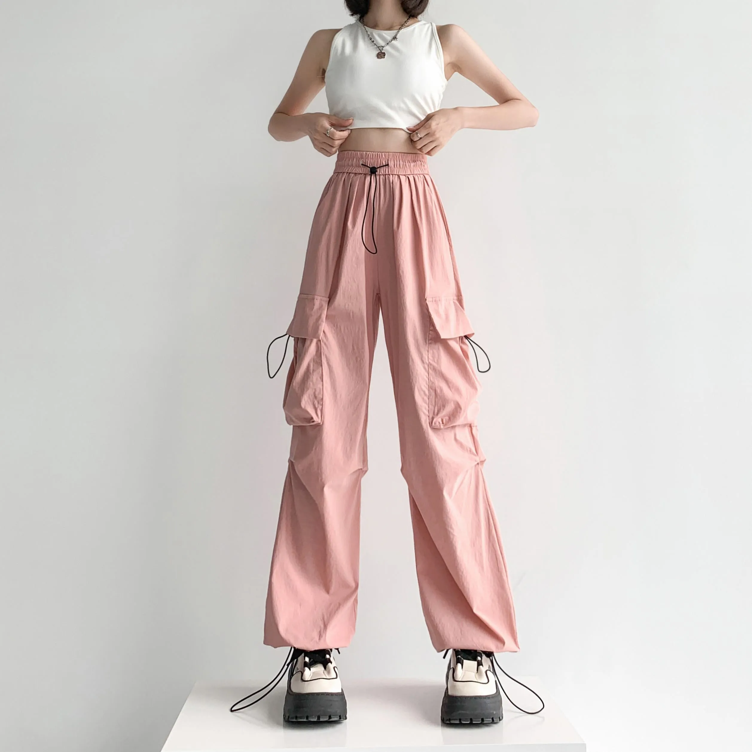 Quick-Drying Solid Color Thin High-Waisted Street Style Versatile Cargo Pants