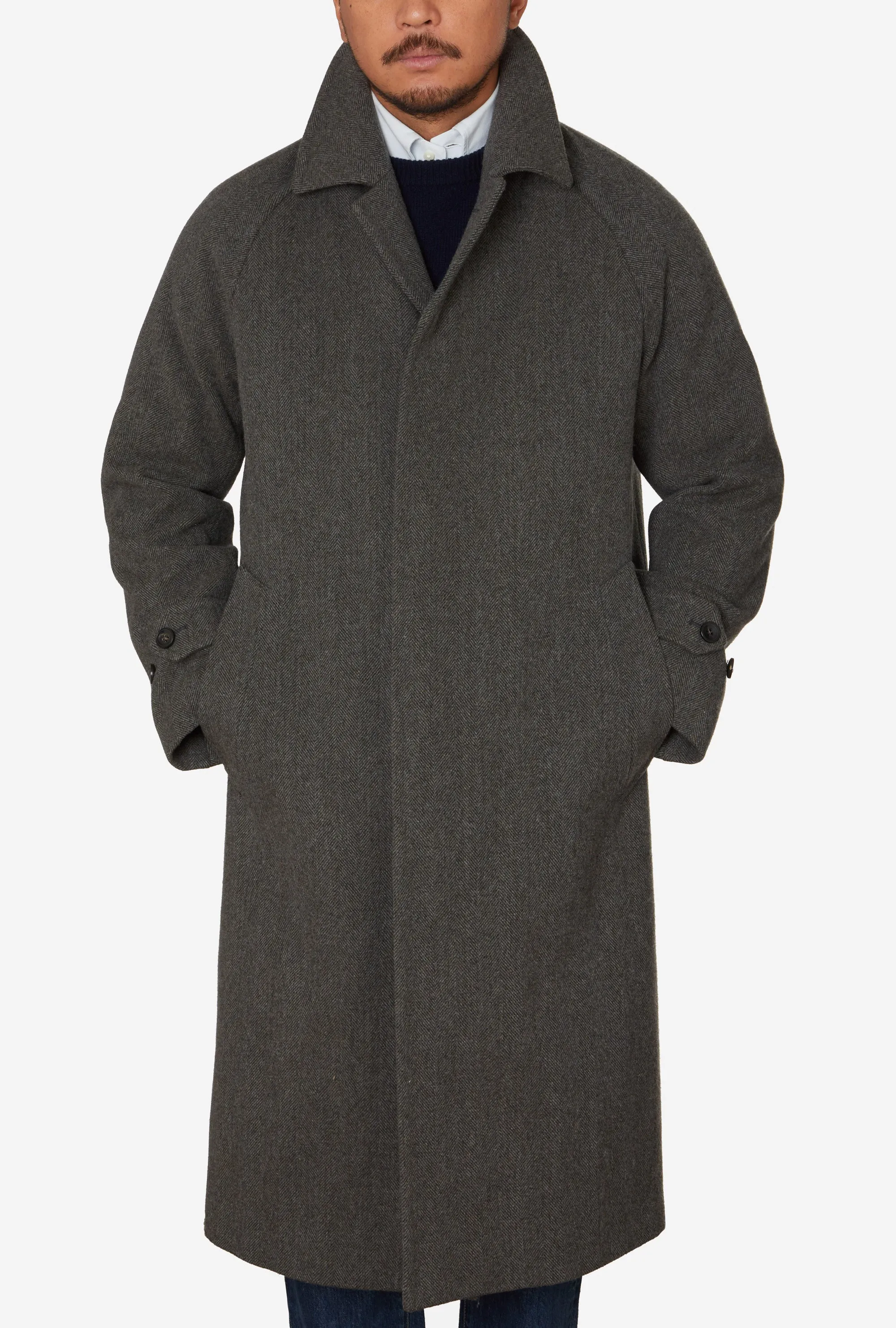 Raglan Sleeve Overcoat Wool Sage Herringbone