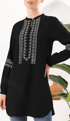 Razia Embroidered Long Modest Tunic - Black