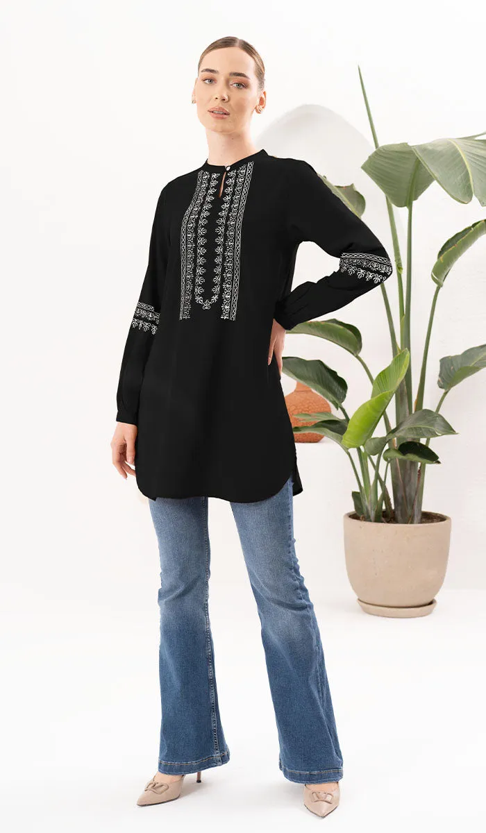 Razia Embroidered Long Modest Tunic - Black