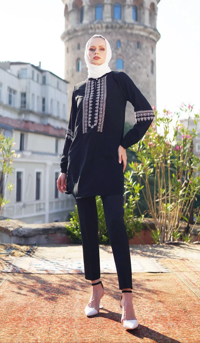 Razia Embroidered Long Modest Tunic - Black