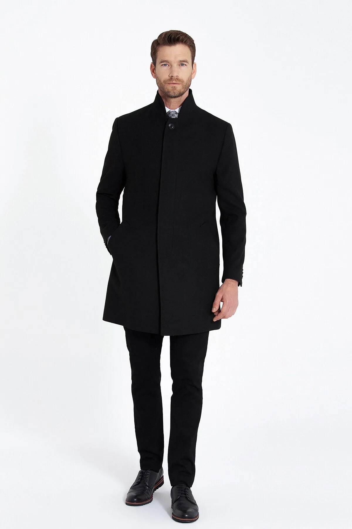 Regular Fit Cachet Stand Collar Black Overcoat