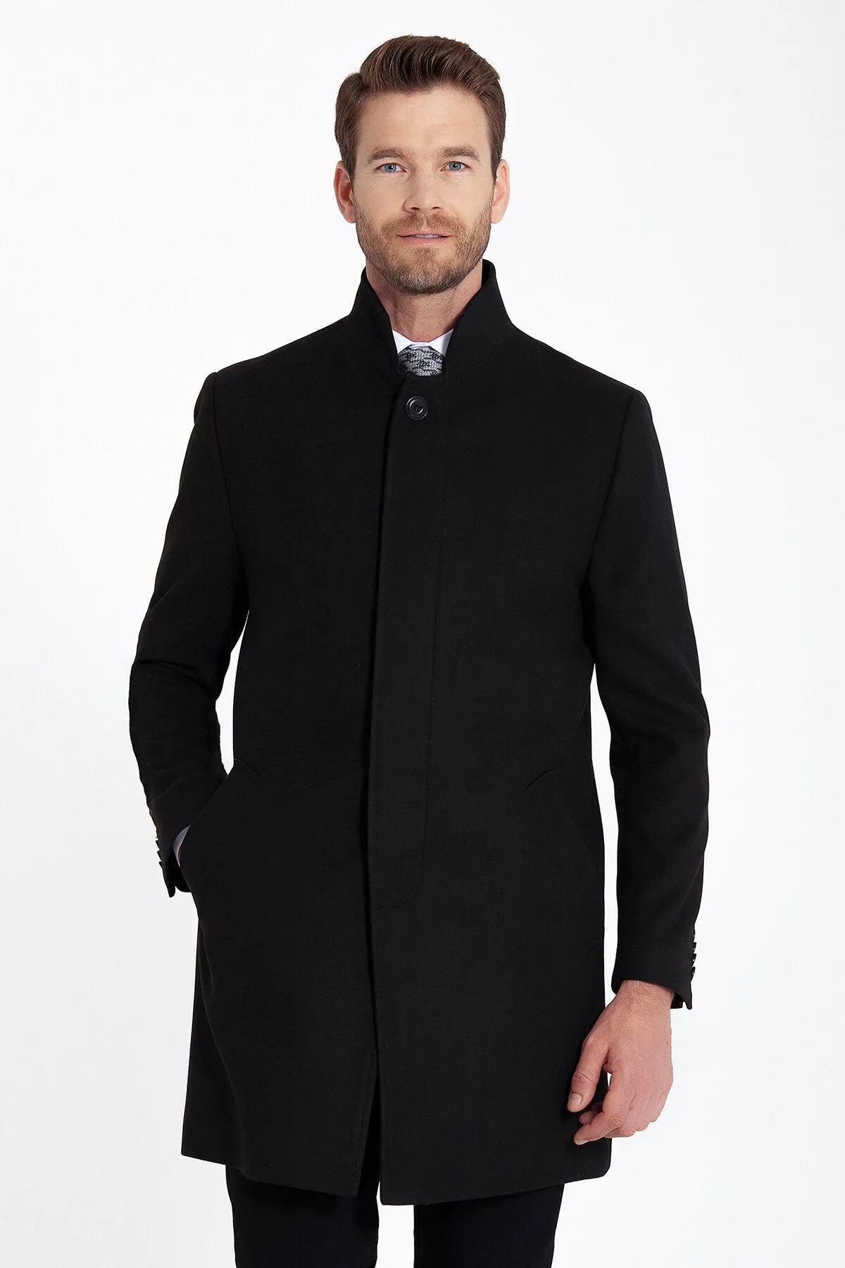 Regular Fit Cachet Stand Collar Black Overcoat