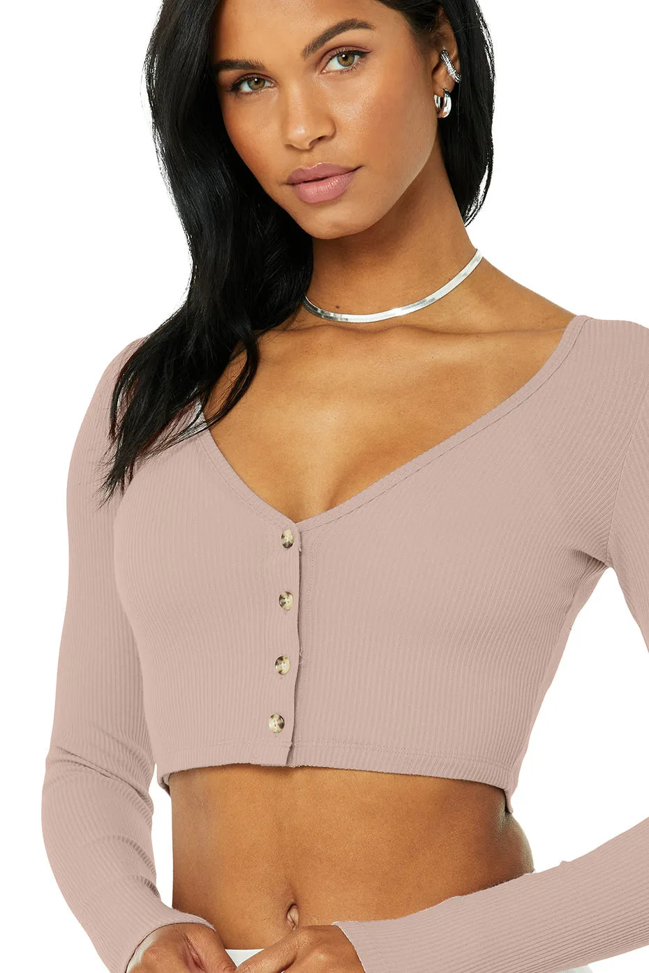 Ribbed Cropped Whisper Cardigan - Dusty Pink