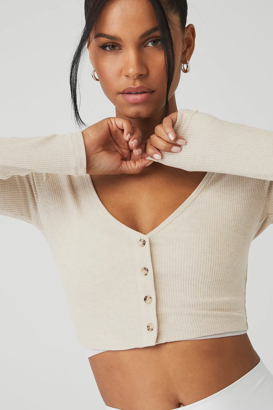 Ribbed Cropped Whisper Cardigan - Oatmeal Heather