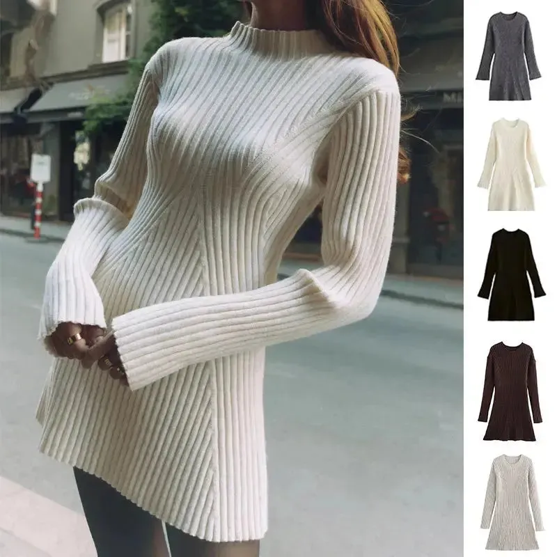 Ribbed Knitted Stylish A-line Dress