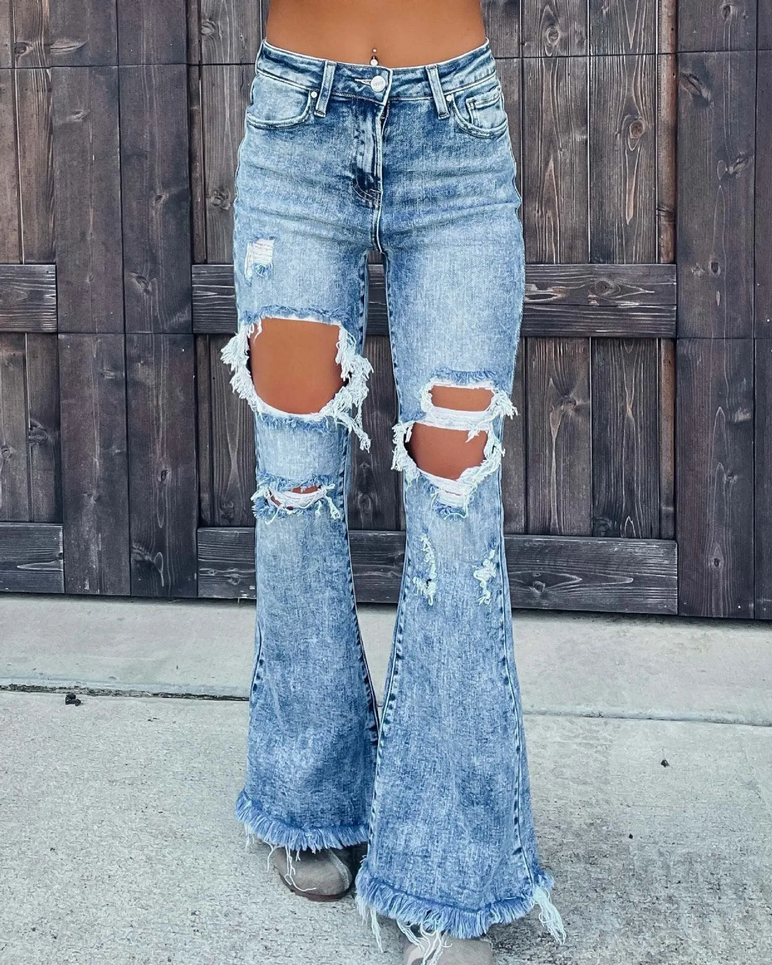 Ripped High Waist Broken Tassel Detail Flare Denim Jeans