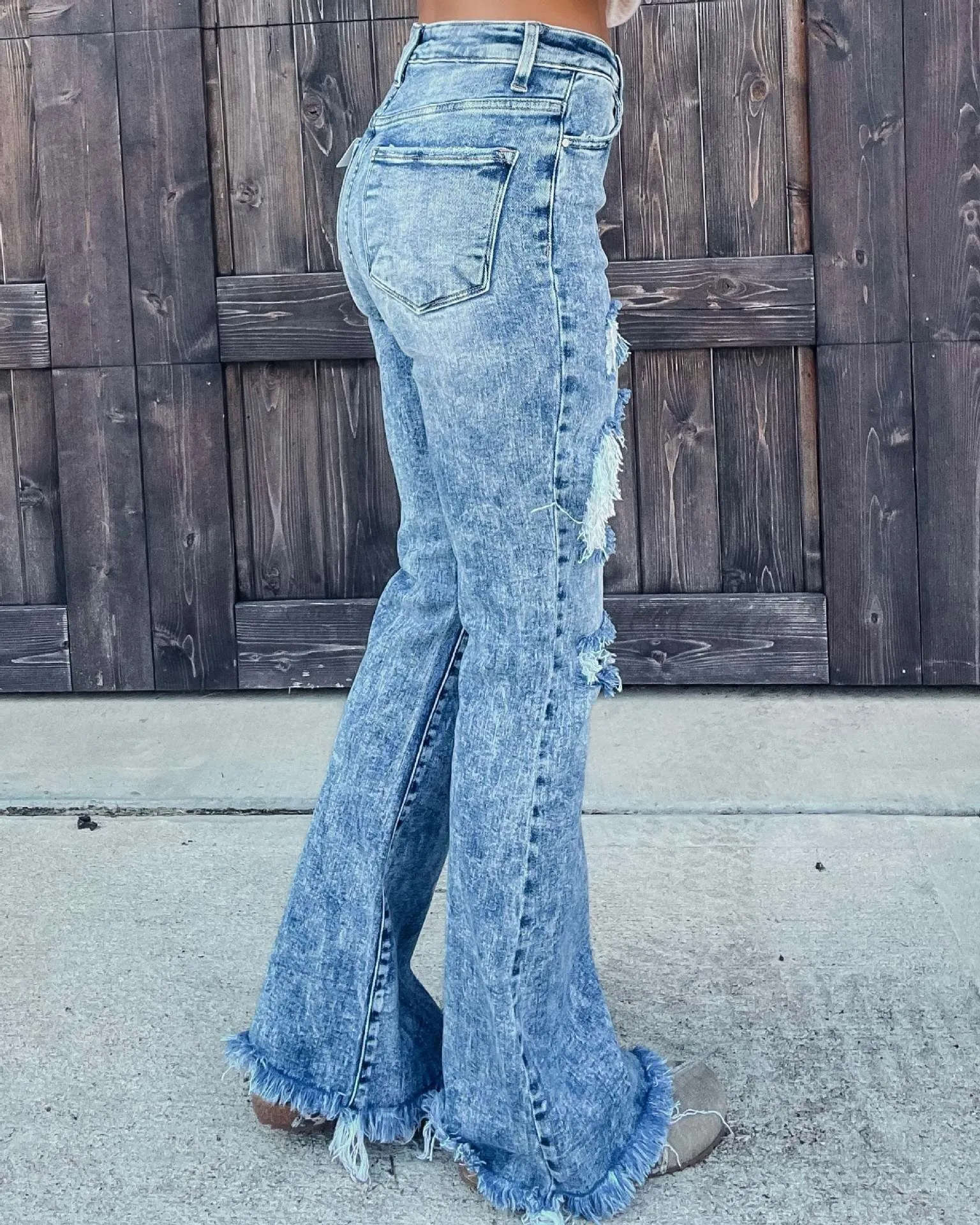 Ripped High Waist Broken Tassel Detail Flare Denim Jeans