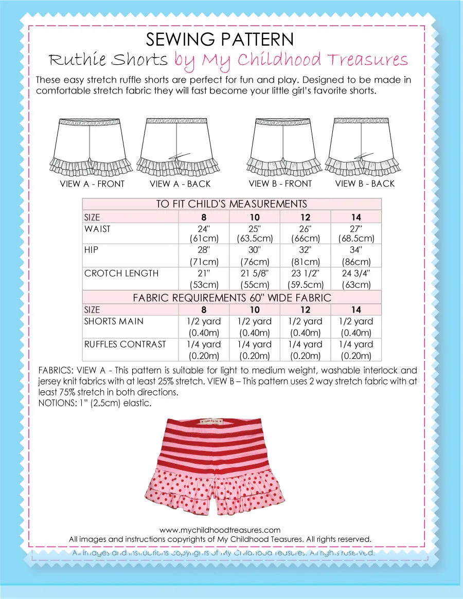 RUTHIE - Girls Stretch Ruffle Shorts Sewing Pattern