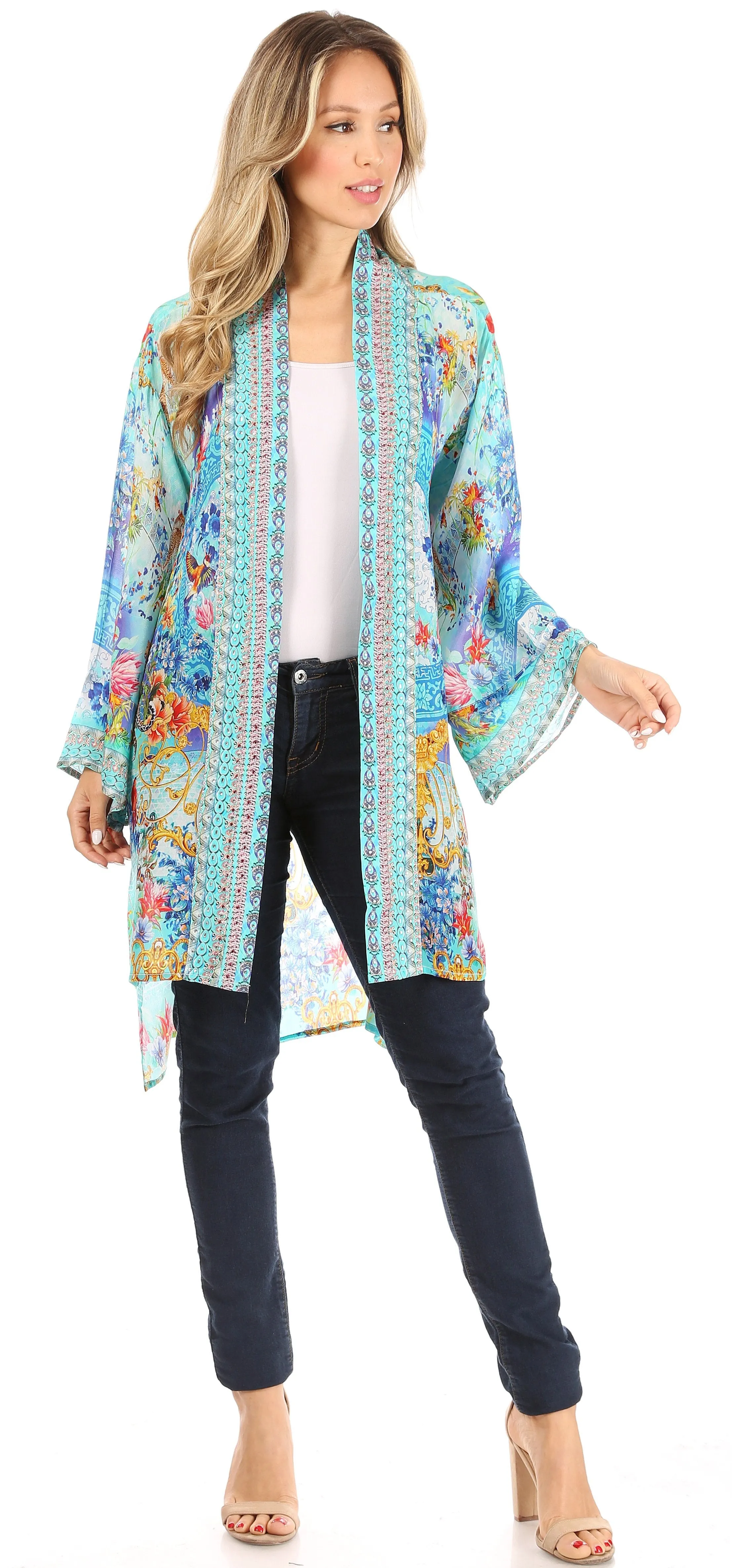 Sakkas Aremi Women Floral Printed Open Front Cardigan Top Boho Casual Short Sleeve