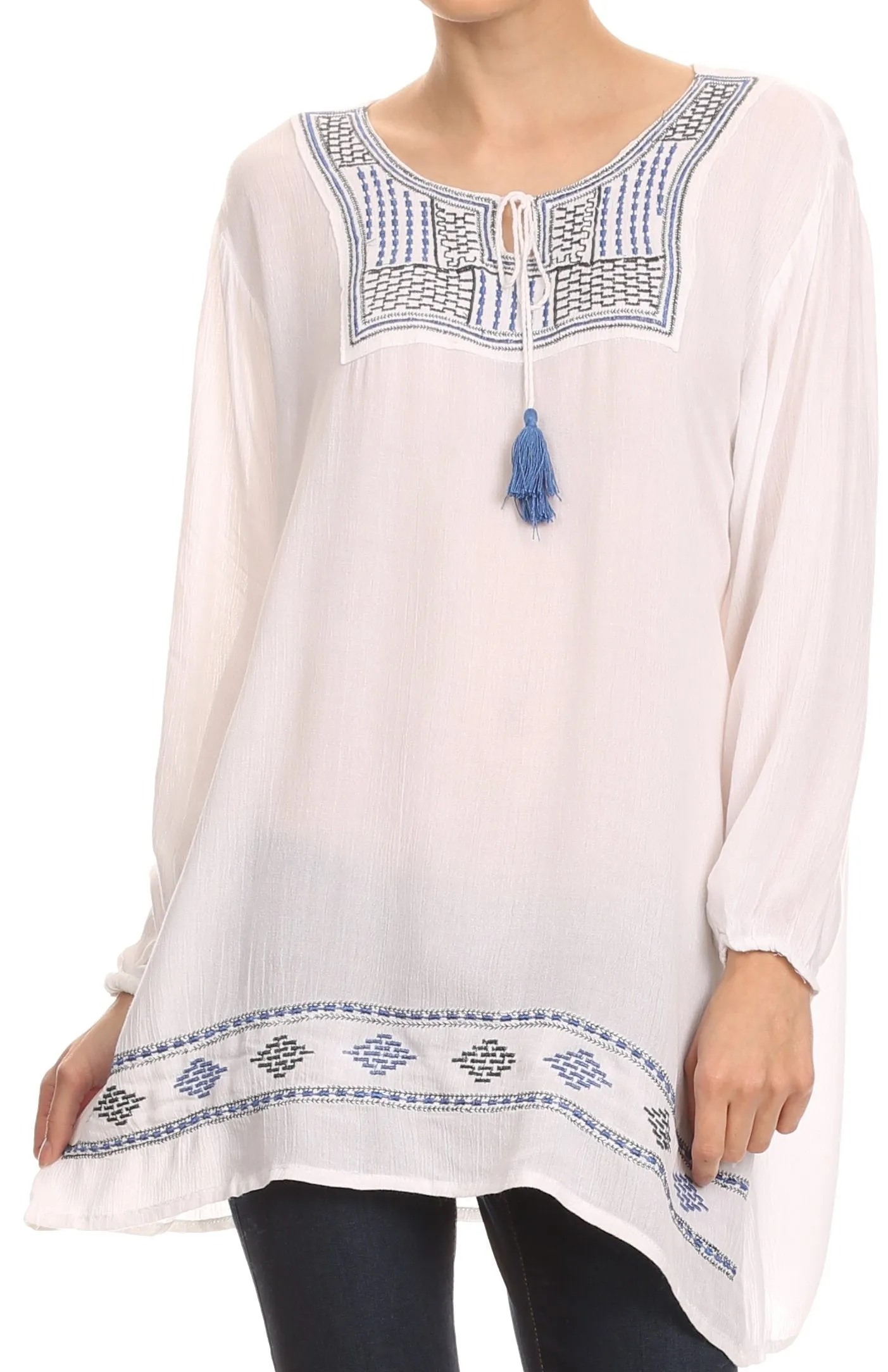 Sakkas Samne Long 3/4 Length Sleeve Embroidered Batik Blouse Tunic Shirt Top