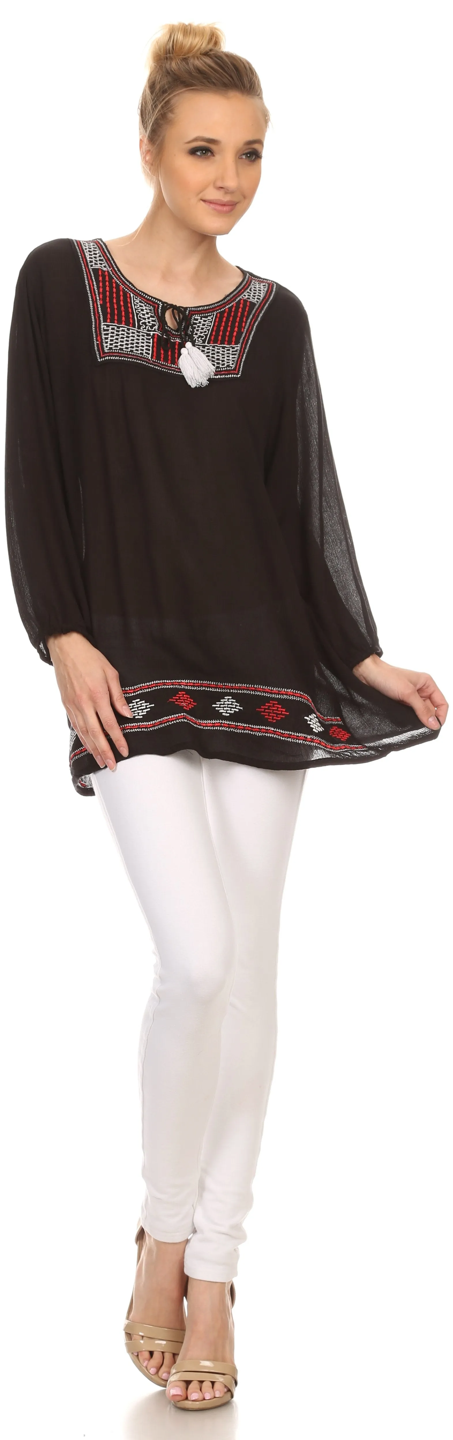 Sakkas Samne Long 3/4 Length Sleeve Embroidered Batik Blouse Tunic Shirt Top